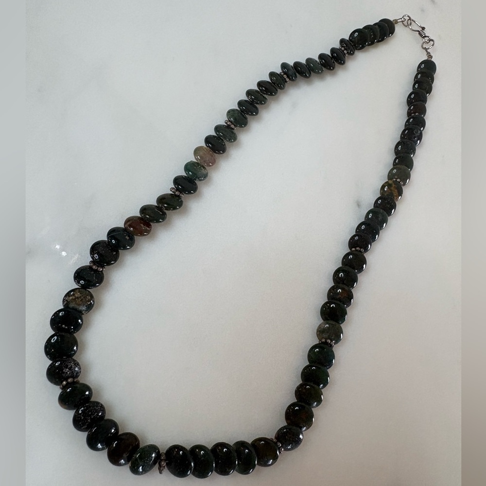 Vintage Handcrafted Bloodstone Moss Agate Necklace 18” Dark Green Gemstone